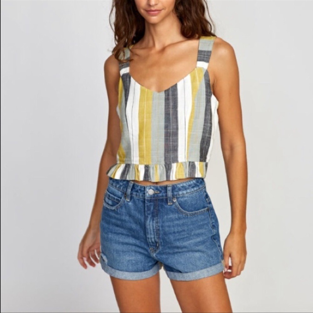 RVCA Striped Crop Top Womens Yellow Grey White Button Back Ruffle Hem Tank (958)